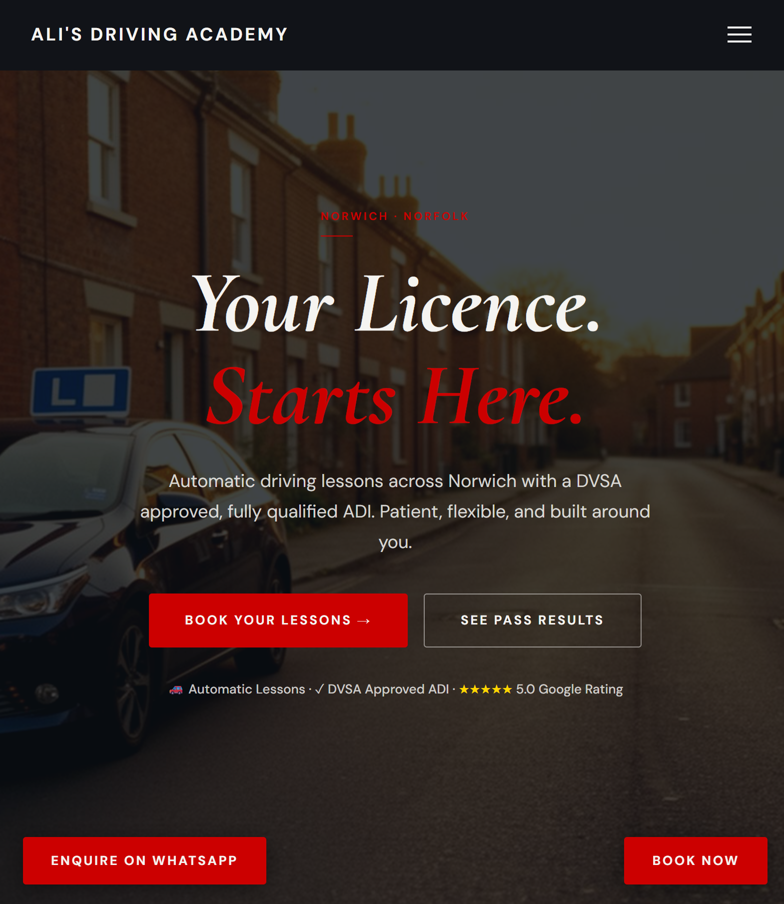 Ali's Driving Academy website hero — bold red accent, sticky mobile CTAs