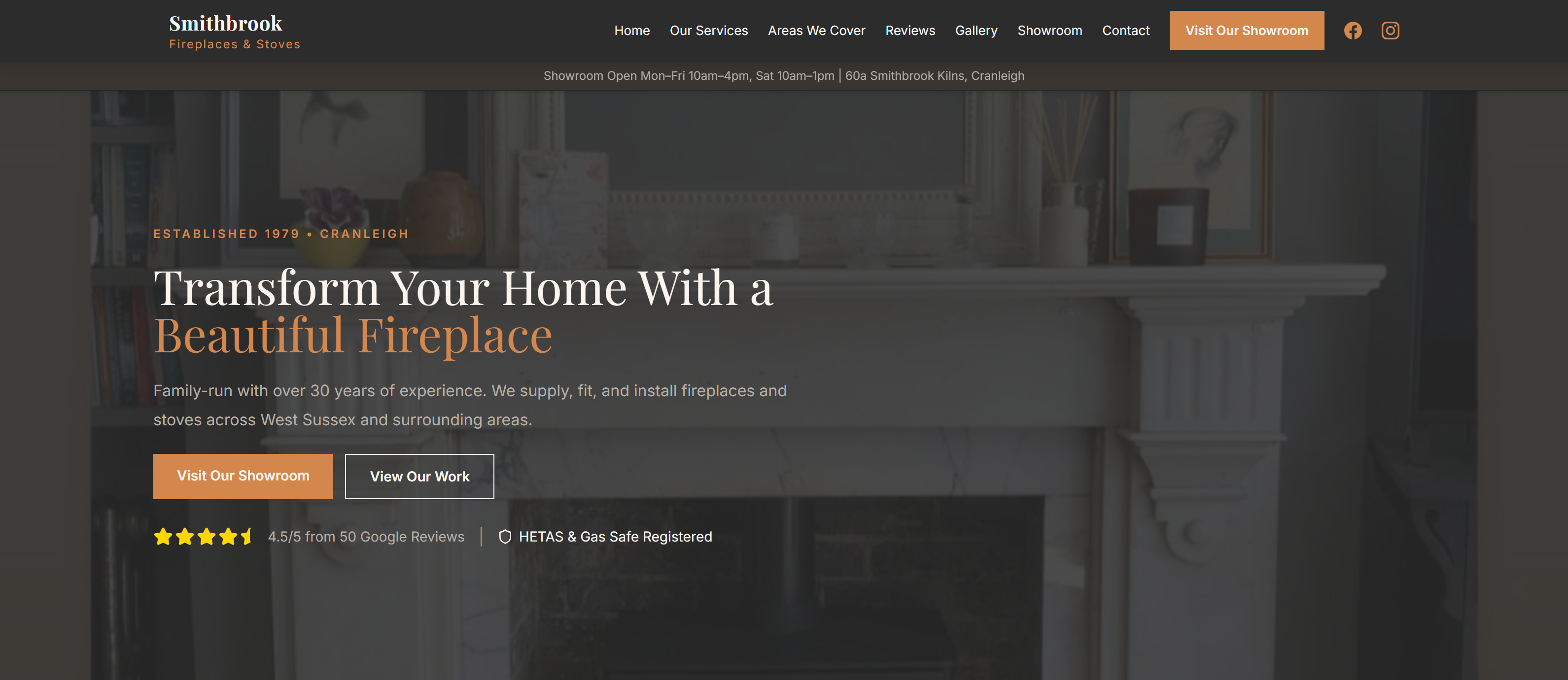 Smithbrook Fireplaces & Stoves website hero — warm trade aesthetic
